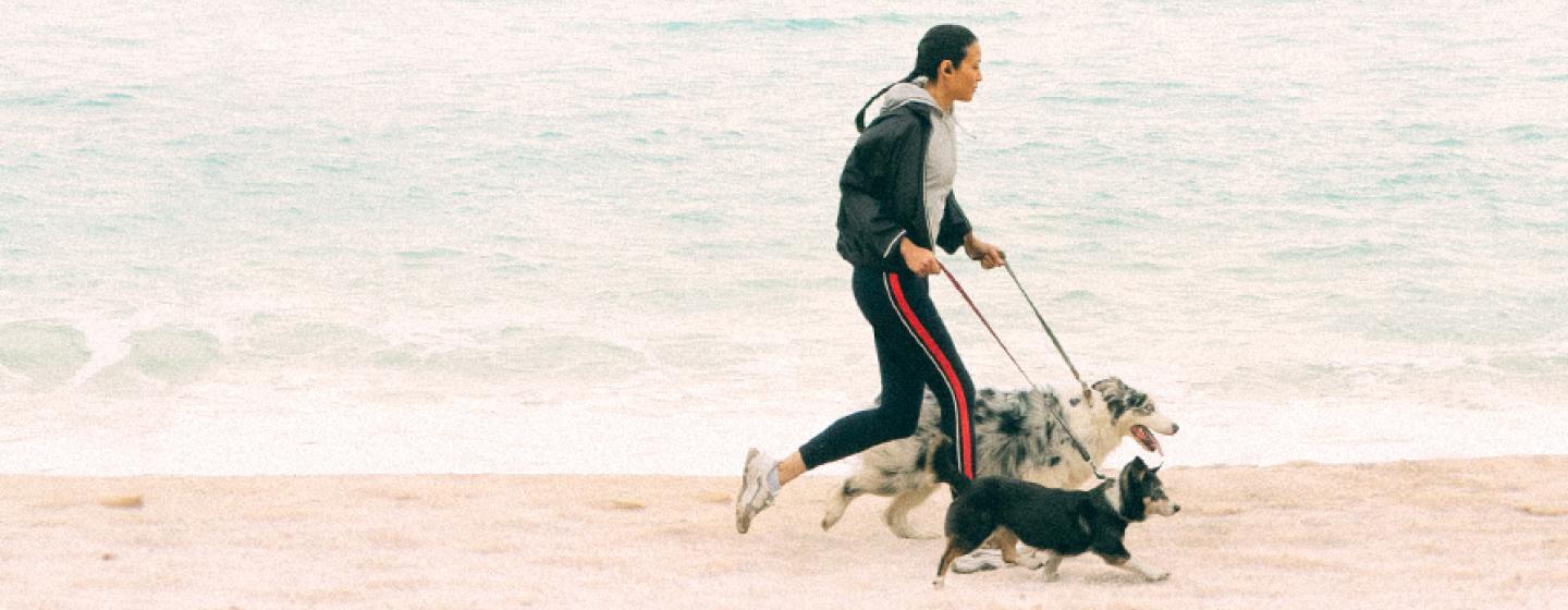 A woman running with her two dogs at the beach