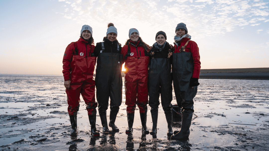 Five people working in a cold beach