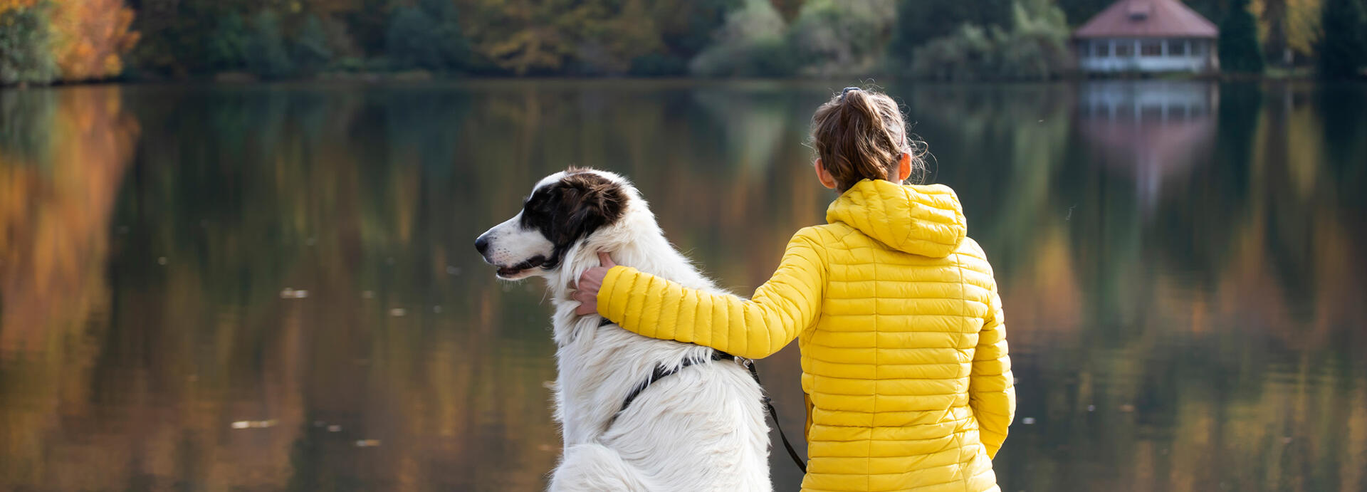 A woman facing a lake while petting her dog