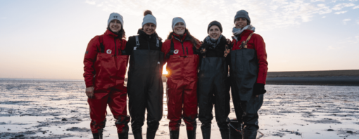 Five people working in a cold beach