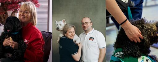 People are holding their pets in their arms